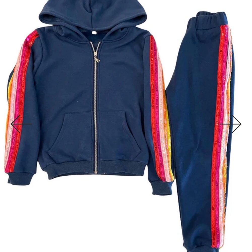 Lola + The Boys Navy Hoodie & Jogger Set with Rainbow Stripe Trim
